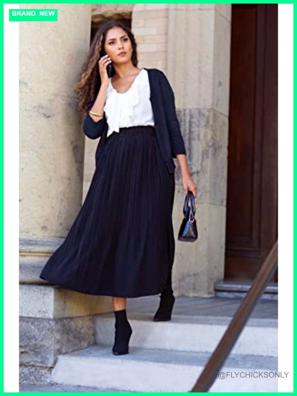 Pleated Midi Skirt with Pockets, Elastic High Waist, A-Line, Reg & Plus Size - Picture 4 of 6